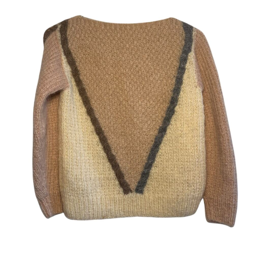 Vintage Hand Knit Tri Color Pink Gray Cream  V Design Pullover Sweater